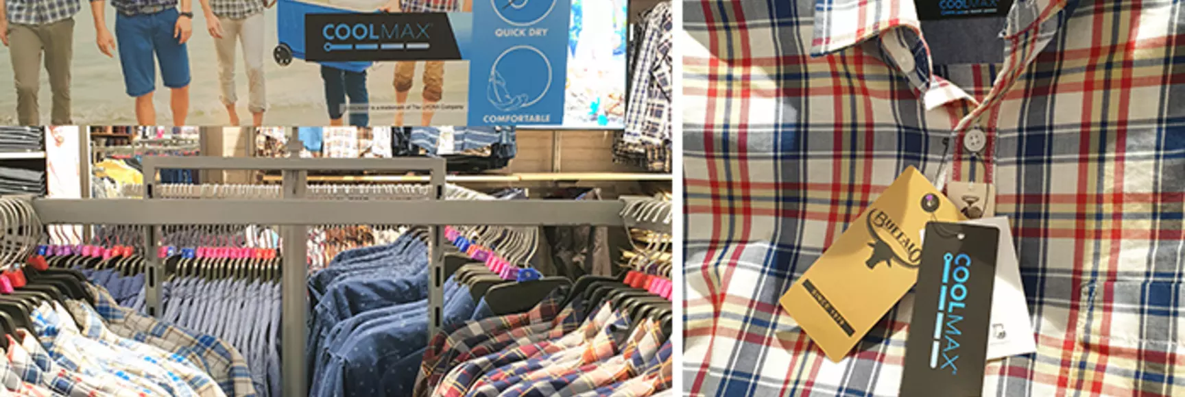 In-store displays showcase breathable Buffalo summer shirts with the moisture-wicking performance of COOLMAX®