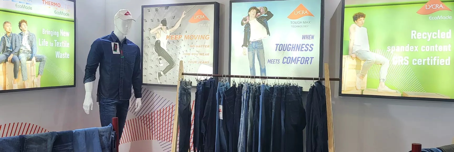The LYCRA Company booth at the India Denimand Jeans show featured a mannequin dressed in LYCRA® brand denim jeans and shirt.